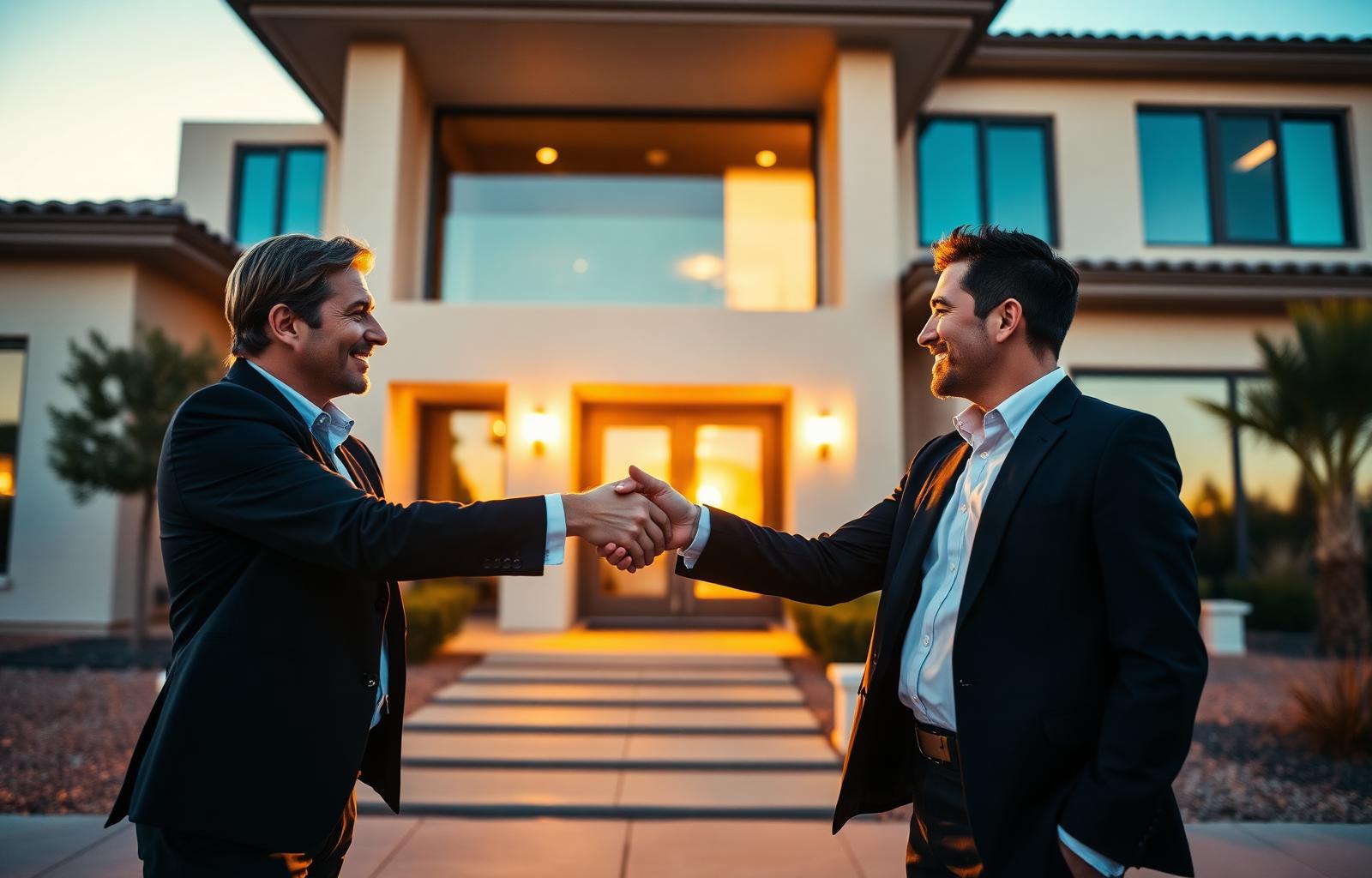 Two real estate agents shaking hands in front of a Las Vegas home