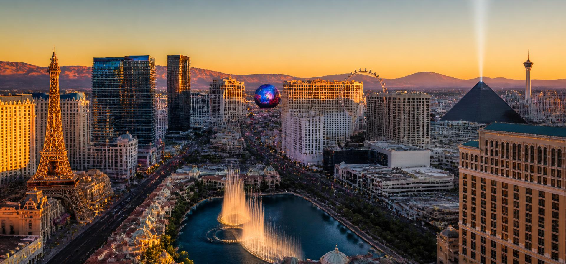 Panoramic view of the Las Vegas Strip at golden hour, showing the Bellagio fountains, High Roller, and Stratosphere tower