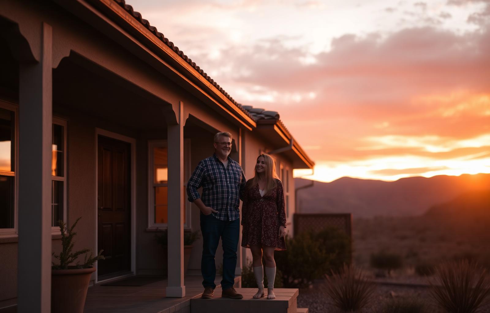 Homeowners on the porch of a Las Vegas home at sunset