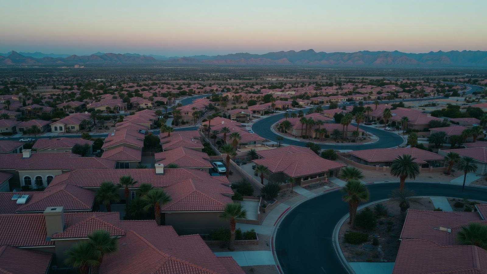 Aerial view of a Southern Nevada neighborhood at dusk