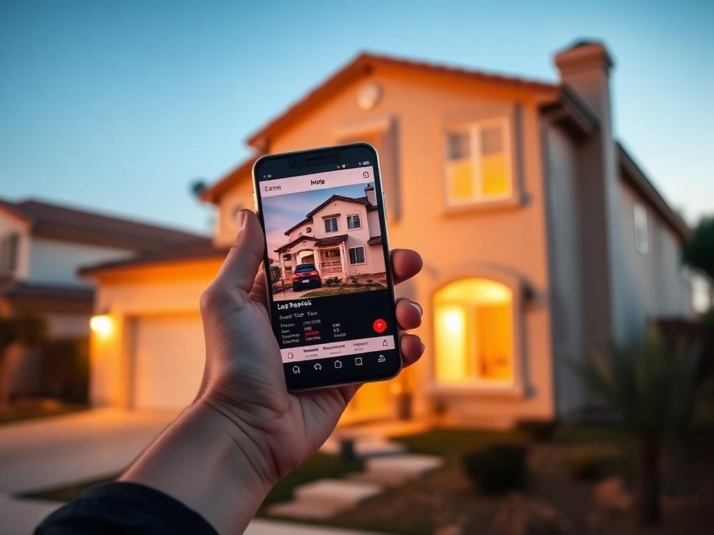 Person submitting a property address on a smartphone in front of a Las Vegas home