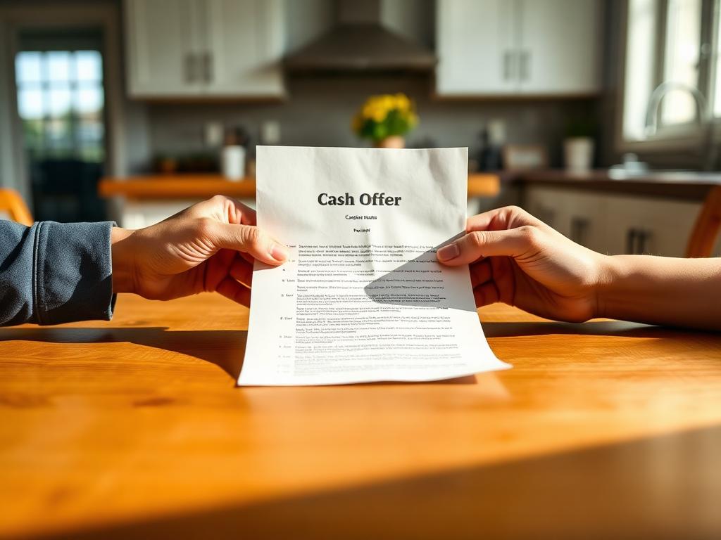Hands holding a written cash offer document across a kitchen table