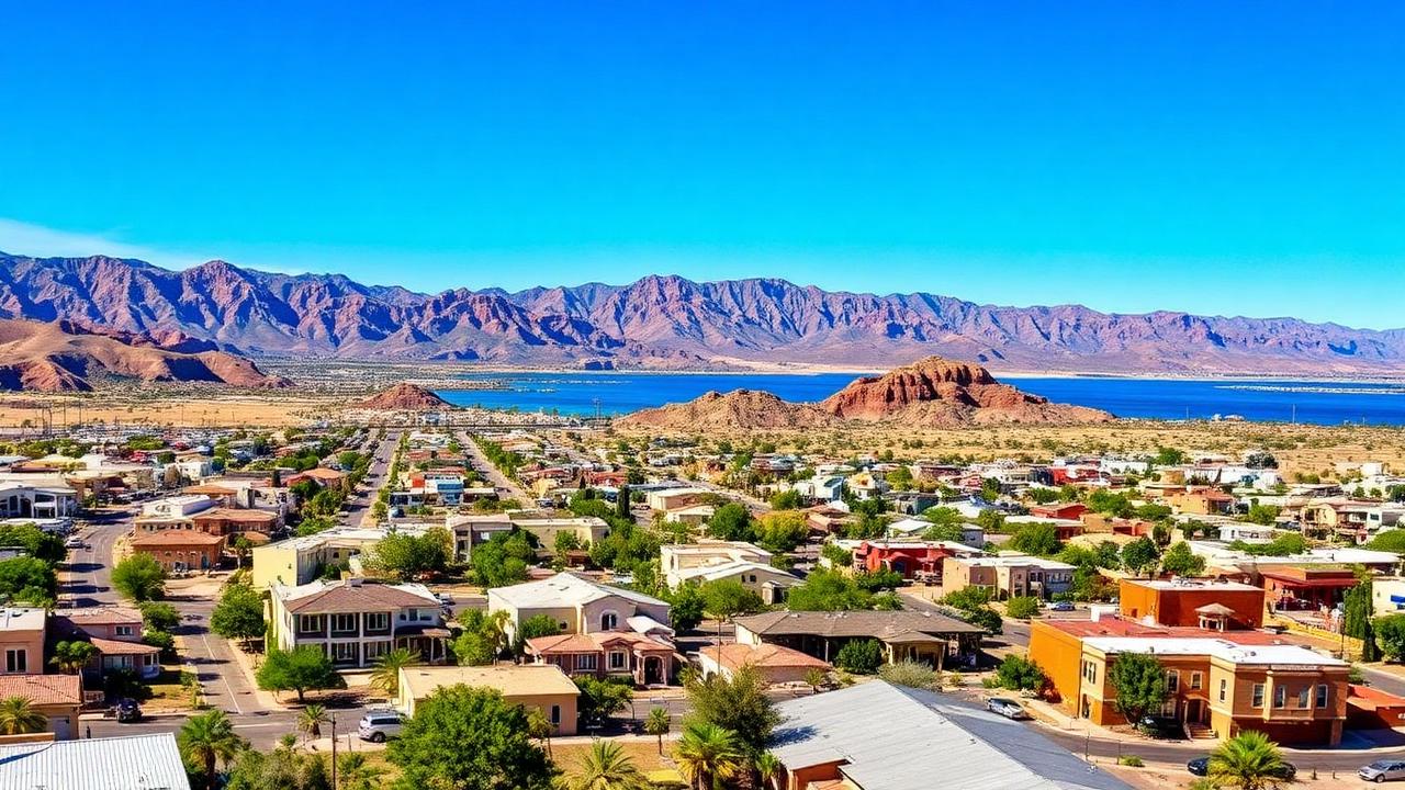 Boulder City Nevada with Lake Mead and desert mountains in view