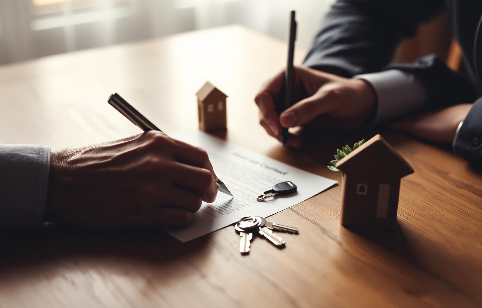 Hands signing a real estate contract with keys on a wooden table